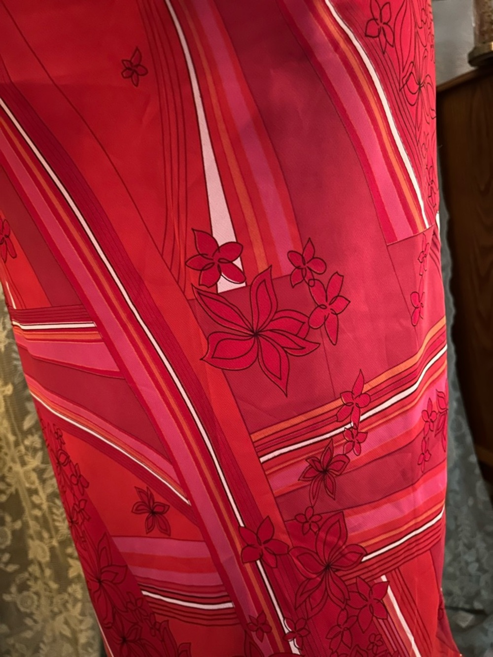 Vintage Red and Pink Floral Stripe Midi Skirt - Picture 3 of 4